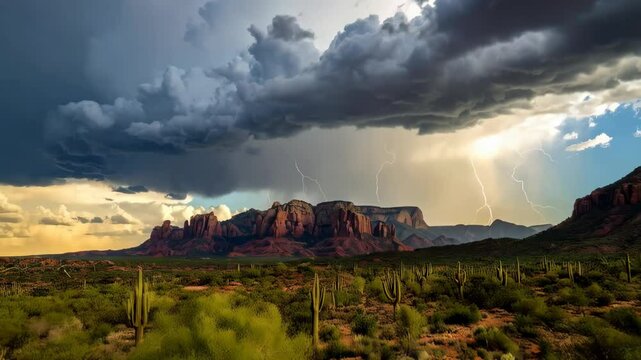 Dramatic desert landscape with saguaro cacti and red rock formations under a stormy sky with lightning strikes