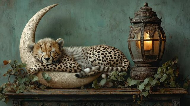 Sleepy cheetah cub resting on ornate crescent moon, next to an antique lantern, against a teal wall