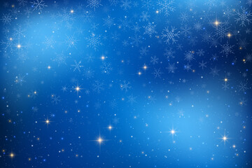 Winter night sky with dark blue background. Shiny sparkling stars falling snowflakes in space. Galaxy glows with light creating magical atmosphere filled with fantasy cosmic beauty