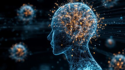 Abstract human head with glowing neural network and connections