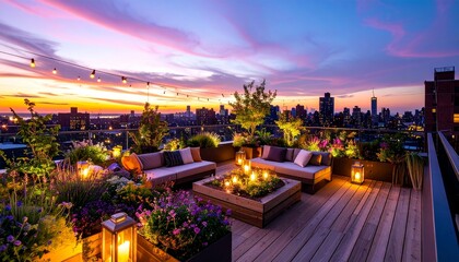 Obraz premium Luxury Rooftop Garden Design Evening Cityscape View