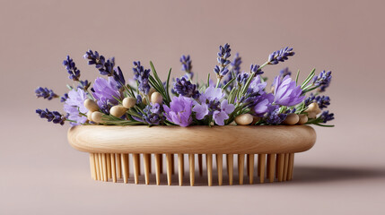 Wooden hairbrush decorated with lavender flowers
