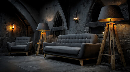 Stylish neutral room with ambient floor lamps and modern furniture