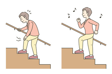 元気に階段を上る高齢女性と辛そうな高齢女性のイラスト