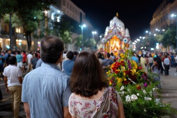 Naklejka premium Happy rath yatra essence: divine journey, festive pull, sacred vehicle, ritual rhythm, spiritual parade, joyful devotion, vibrant chant, wooden cart, holy gathering, cultural path, colorful faith