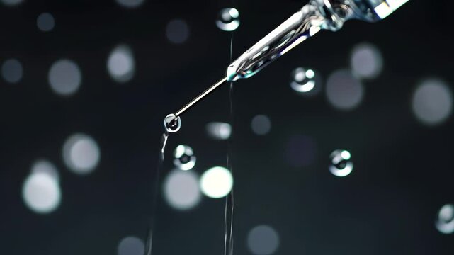 Droplets cascade from a syringe needle in a close up view highlighting precision and focus, Droplets falling from a syringe needle