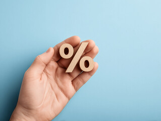 A hand holding the symbol of % rate, on light blue background. wooden curly text % Stores