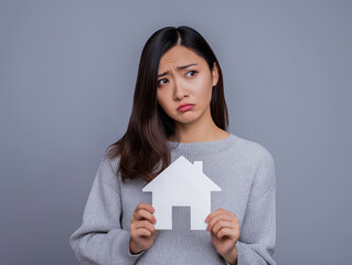 Young Asian woman, a real estate agent, holds a white house-shaped cardboard cutout and looks at a house model with a worried expression. Set against a light grey background.