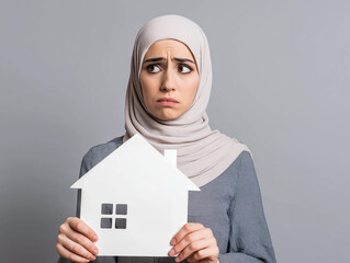 Young Muslim woman in hijab with ponytail, a real estate agent, holding a white house-shaped cutout. She looks worried while viewing a house model, set against a light grey background.