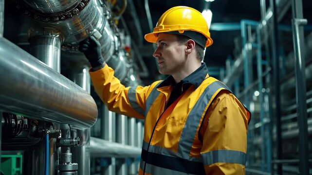 Mechanical service engineer working on industrial machinery in a factory environment, Mechanical service engineer worker at industrial with checking compressor station