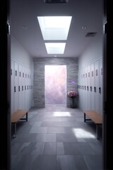 Empty locker room hallway with skylight