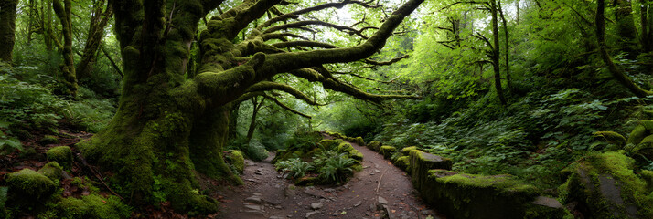 Serene Hiking Trail Through a Lush Green Forest