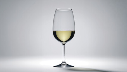 Fototapeta premium A glass of white wine on a white surface with a gray background in a studio setting with soft lighting