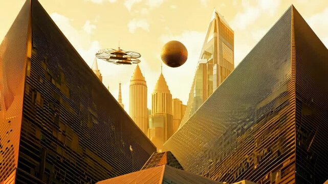 Futuristic cityscape with surreal architecture and flying structures at sunset