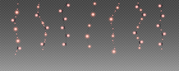 Christmas and New Year glowing garlands of bulbs and lights. Design element for holiday cards, backgrounds, business cards, vector png on transparent background.