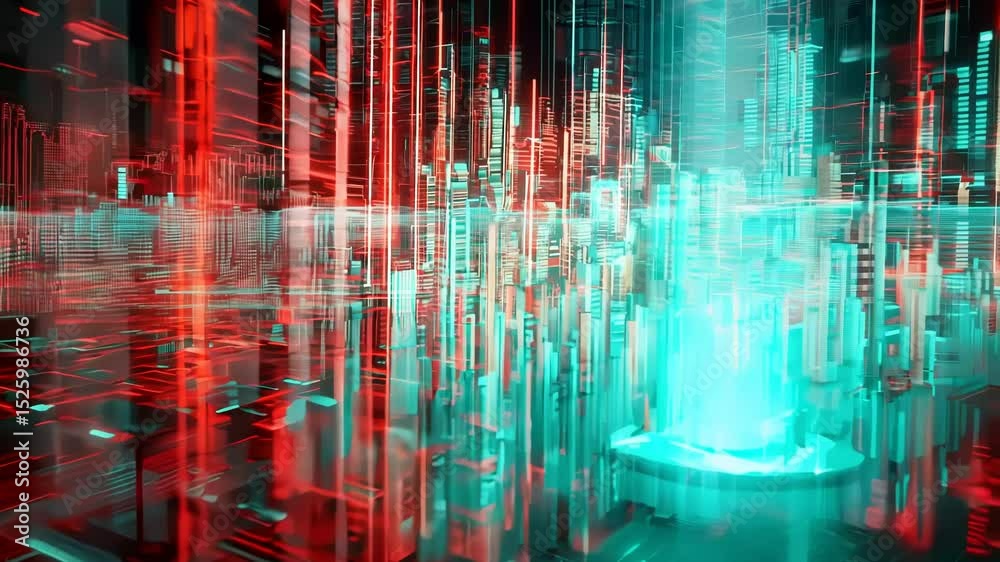 Leinwandbilder Computer technology abstraction with connected hardware or data servers in neon lights of wires