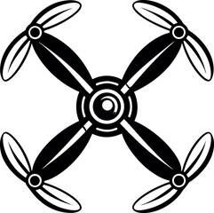 Obraz premium Monochromatic four propeller rotation device emblem with internal concentric circle design vector silhouette