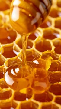 Golden Honey dripping from a wooden dipper onto a honeycomb, creating a glistening, sweet, and viscous substance perfect for breakfast and culinary applications.