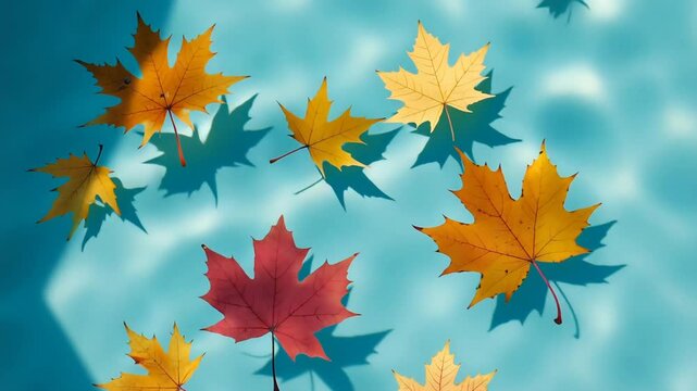 Colorful autumn leaves floating on water in serene setting  