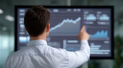 Business professional analyzing data on a digital screen.
