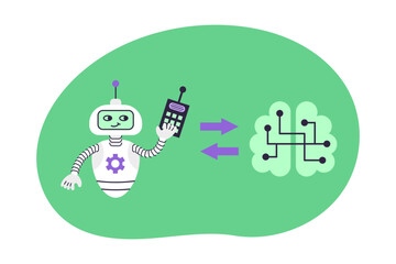Robot and Brain with chips on green background. Concept of health and artificial intelligence. Isolated vector illustration.