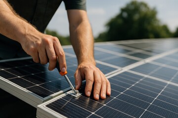 Person installing solar panels with a screwdriver under bright sunlight.