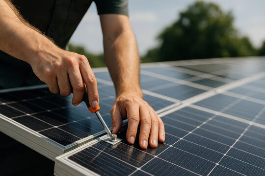 Person installing solar panels with a screwdriver under bright sunlight.