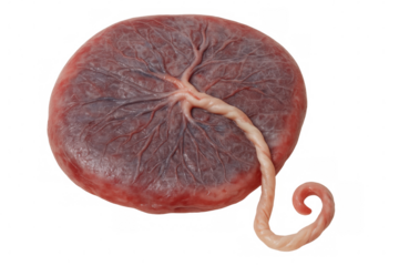 Medical specimen showing placenta and umbilical cord, revealing intricate biological connection against transparent background