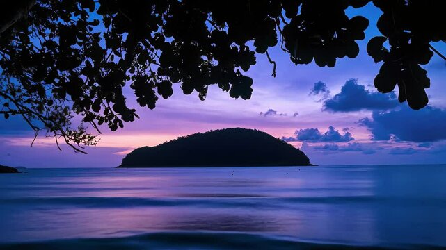 Night silhouette of Man island viewed from Nai Harn beach in peaceful twilight, Night silhouette of Man island seen from Nai Harn beach Phuket, Thailand