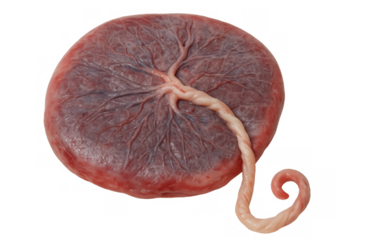 Medical specimen showing placenta and umbilical cord, revealing intricate biological connection against transparent background