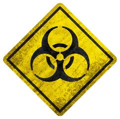 Rusty biohazard warning sign with grunge texture on transparent background, biological hazard symbol in yellow and black.