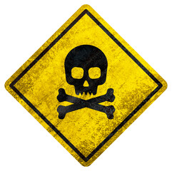 Yellow warning sign with black skull and crossbones and rusty texture on white background.