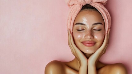 A young woman with a towel on her head enjoys a facial mask while smiling. Her radiant skin and joyful expression reflect a relaxing beauty routine.
