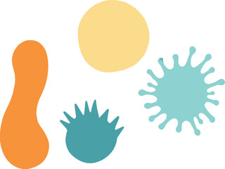 Obraz premium Abstract Microorganism & Organic Form Symbol Set Featuring Four Unique Shapes: One Elongated Orange Form, One Large Circular Yellow Form, One Spiky Teal Form, and One Splatter-Like Teal Shape
