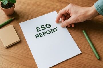 Hand reaching for an ESG report on a wooden desk with green stationery and a small plant.