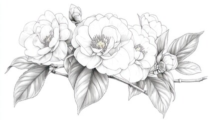 Elegant Camellia Branch Botanical Illustration