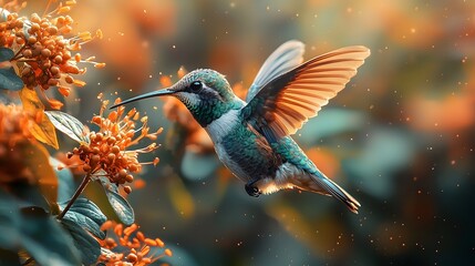 Fototapeta premium Hummingbird hovering near vibrant flowers pollinating in a natural setting