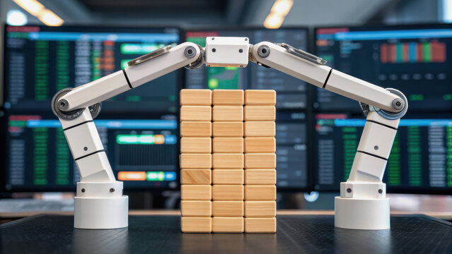 Robotic arm stacking wooden blocks front of stock market screens, symbolizing balance and portfolio management, with focus automation and finance