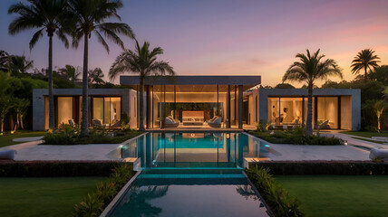 Fototapeta premium Modern Two-Story Villa at Sunset with Ambient Lighting and Palm Trees