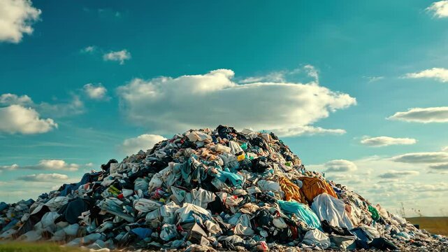 Large pile of discarded clothes sits in landfill under bright blue sky, Large pile of discarded clothes in a landfill under a blue sky