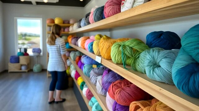 Assorted yarn balls on wooden shelves in a craft store