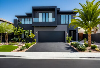 Fototapeta premium Exterior view of a modern two story house with a dark gray garage door and a palm tree in the yard
