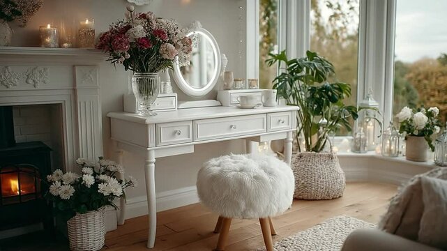 Cozy home interior with a fireplace, vanity table and flowers for a relaxing atmosphere