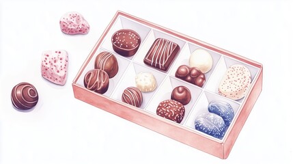 Watercolor Painting of Open Box with Assorted Chocolates Including Dark, Milk, and White Chocolates Alongside Two Additional Pieces Outside the Box