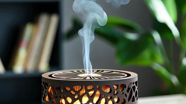 Enjoying aromatic bakhoor from a traditional agar wood burner in a relaxing indoor space, Traditional Arabic incense bakhoor agarwood burner with smoke