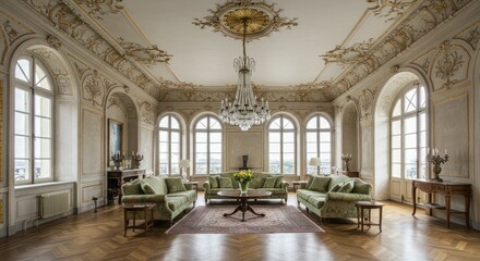 Fototapeta premium Bright classical interior room with tall windows and elegant furniture