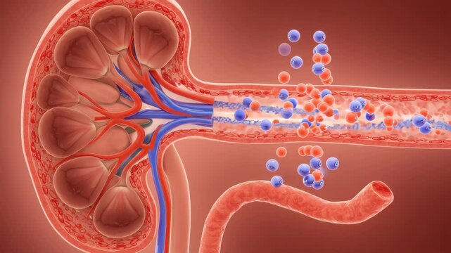Detailed 3D Model of a Human Nephron with Red and Blue Blood Vessels