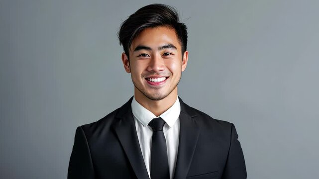 Young handsome Asian businessman smiling in formal attire against a gray background, Young handome asian businessman smiling isolated in studio