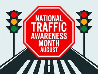 National traffic awareness month august sign with traffic lights and crosswalk illustration