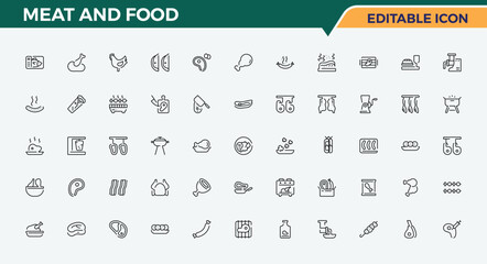Meat And Food linear icon collection. Contain linear sign poultry, cook, bacon, duck, ribs and more. Goose icon. Minimal icons pack. Editable stroke.